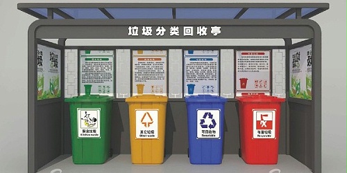 垃圾站亭：维护卫生靠大家，建设文明小区。